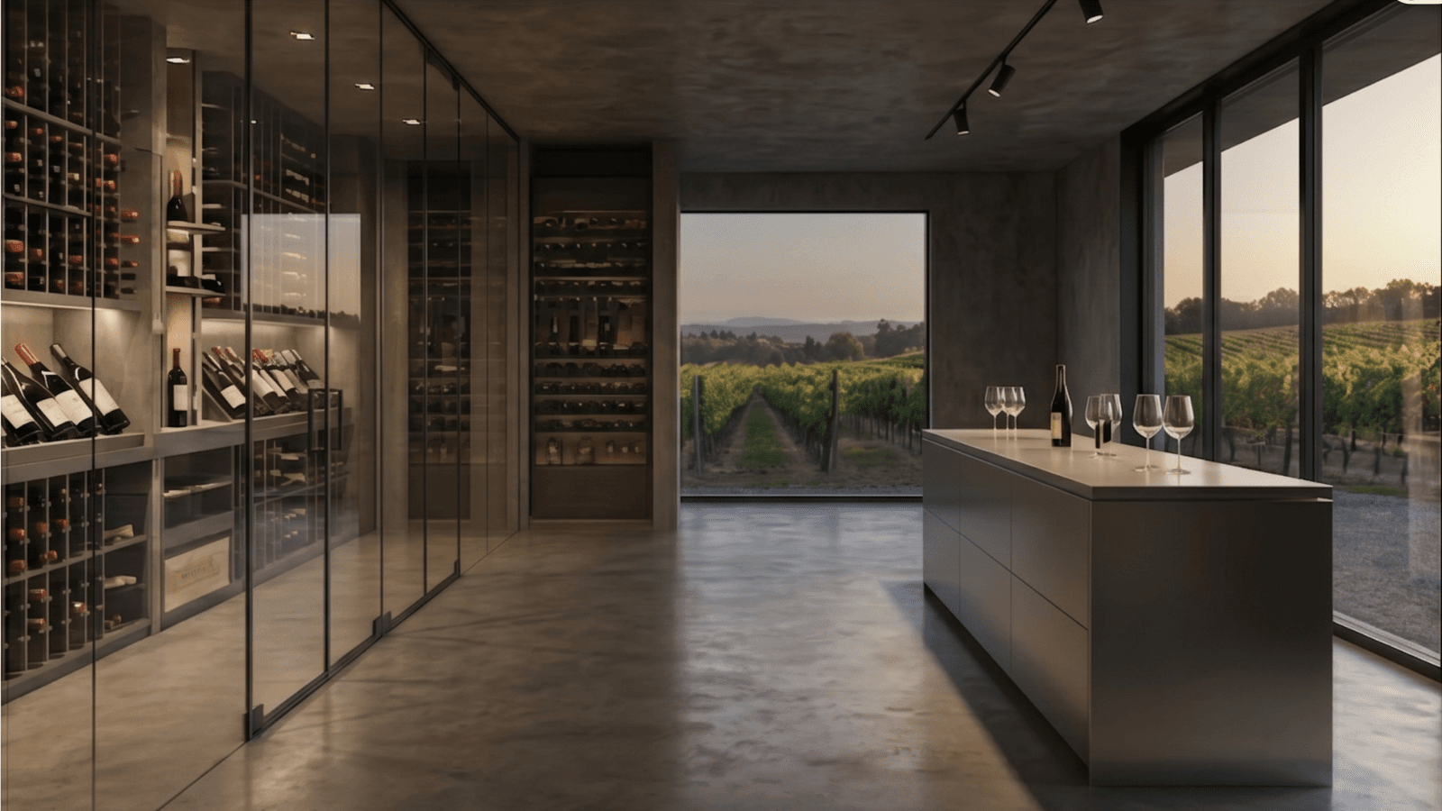 Modern wine cellar with vineyard view
